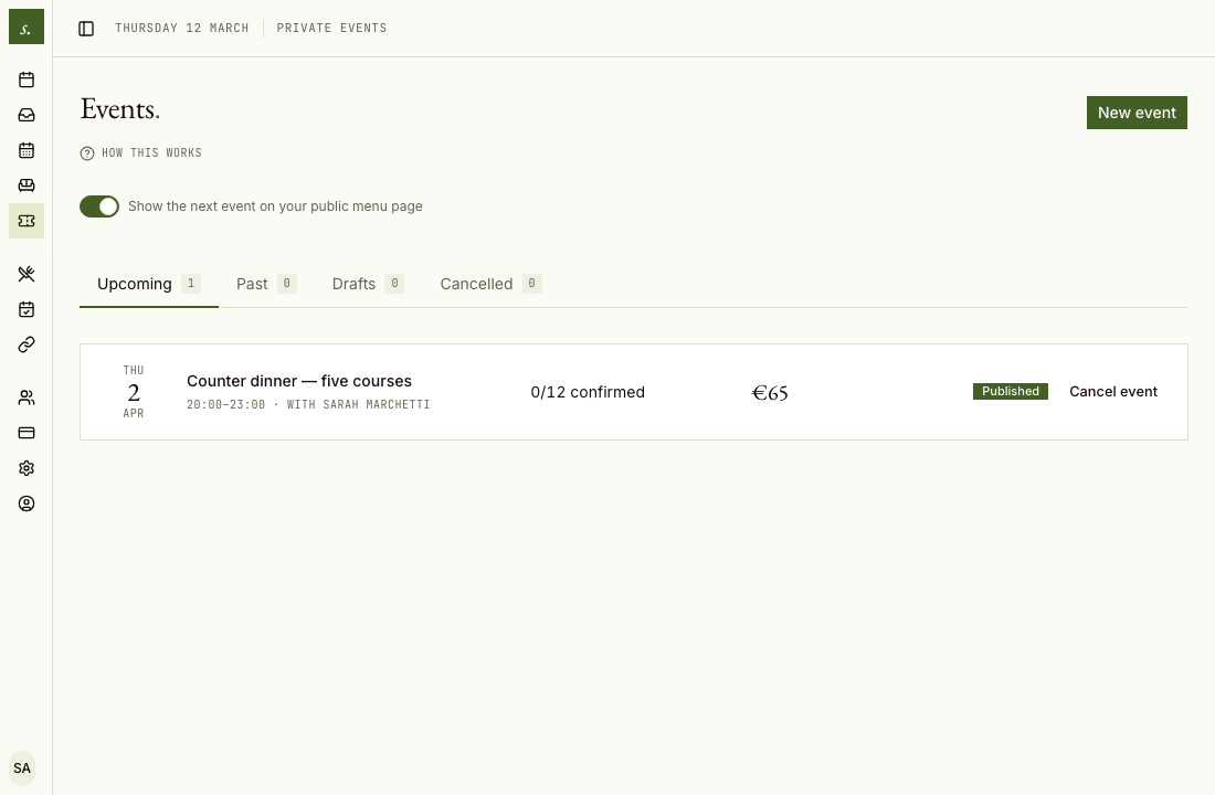 The Events section of the seatsat admin, with the list of events and the New event button above it.
