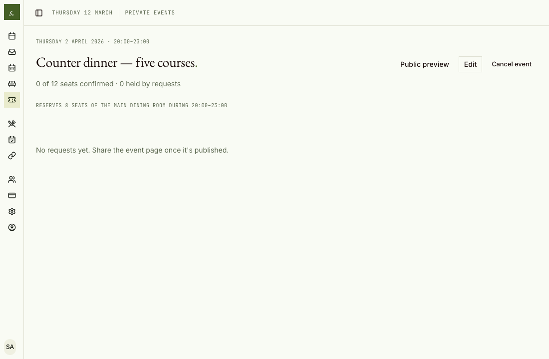 An event's detail page, showing its seat count, the requests waiting, and the line stating how many dining-room seats it reserves and when.