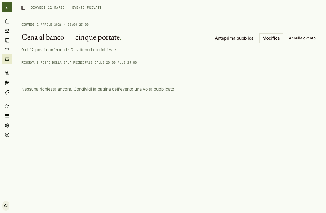 La pagina di dettaglio di un evento, con il numero di posti, le richieste in attesa e la riga che indica quanti posti della sala riserva e quando.